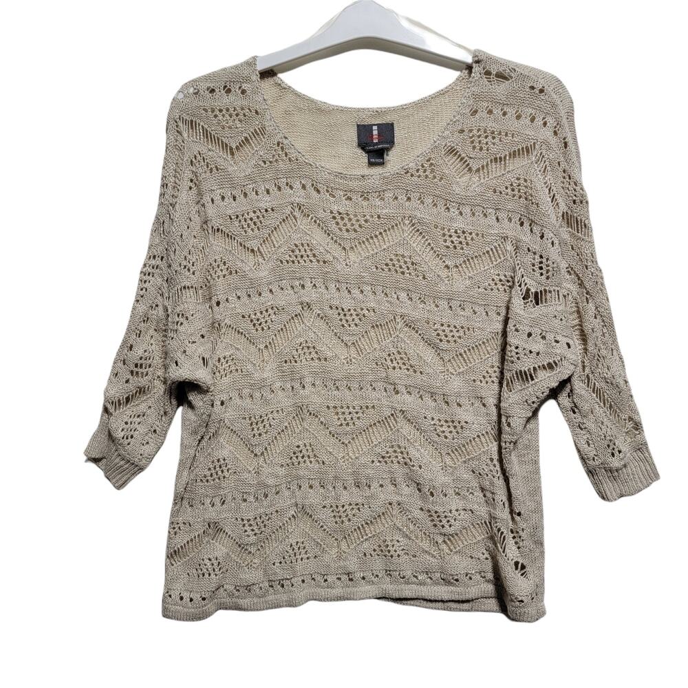 Jeans by Buffalo Womens Open Knit Crochet Tan 3/4 Dolman Sleeve Sweater Size XS